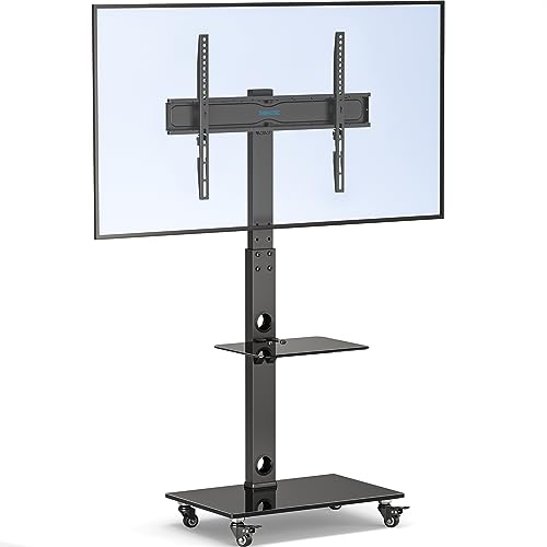 BONTEC Soporte de TV con Ruedas para Pantallas de Plasma/LCD/LED de 30-70 Pulgadas hasta 40 kg, Soporte TV Suelo con 6 Ajustes de Altura Ajustable de Vidrio Templado de 2 Niveles, MAX VESA 600x400 mm